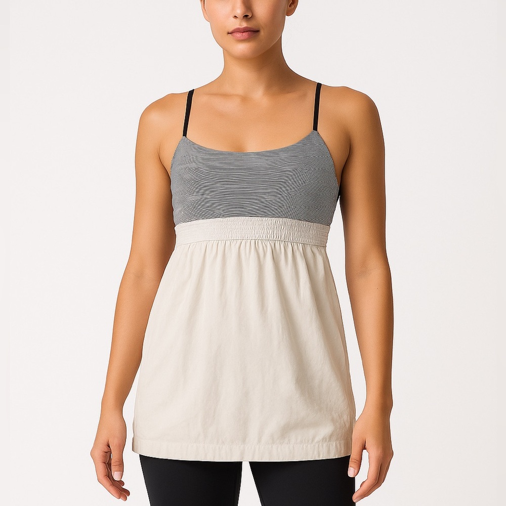 Women’s Lululemon Gray & Black Striped Baby Doll Shirred Tank Workout Yoga Top